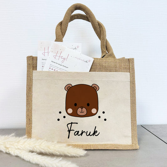 Personalisierte Jute Pocket Tasche | mit Wunschnamen | Tiere | Bär | persönliches Geschenk für Kinder | auch als Geschenktasche