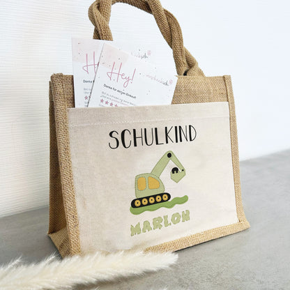Einschulung | Personalisierte Jute Pocket Tasche | mit Wunschnamen | Schulkind Bagger grün | als Geschenktasche für Schulanfang