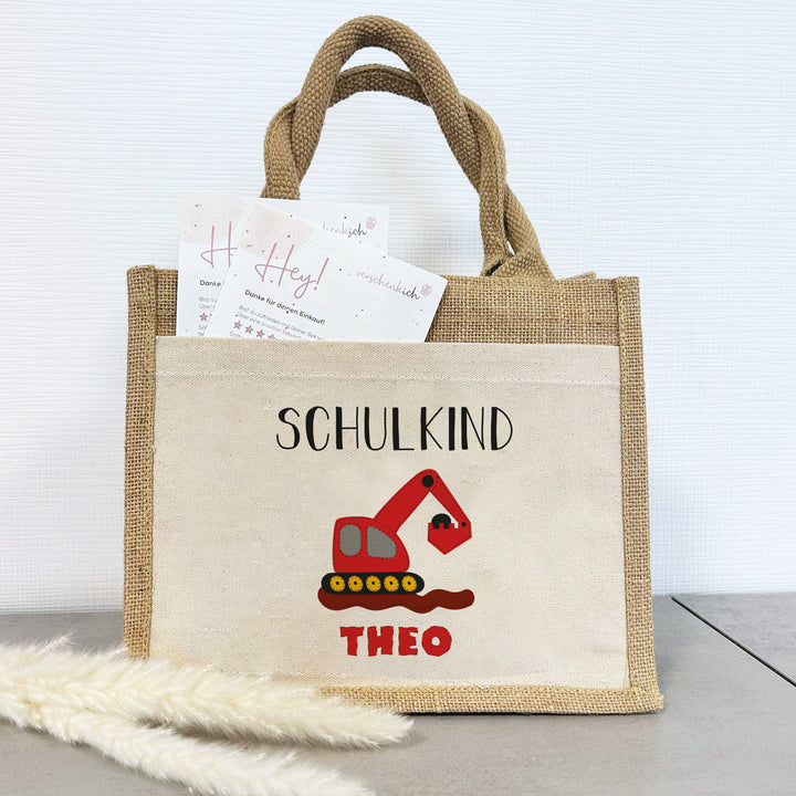 Einschulung | Personalisierte Jute Pocket Tasche | mit Wunschnamen | Schulkind Bagger rot | als Geschenktasche für Schulanfang