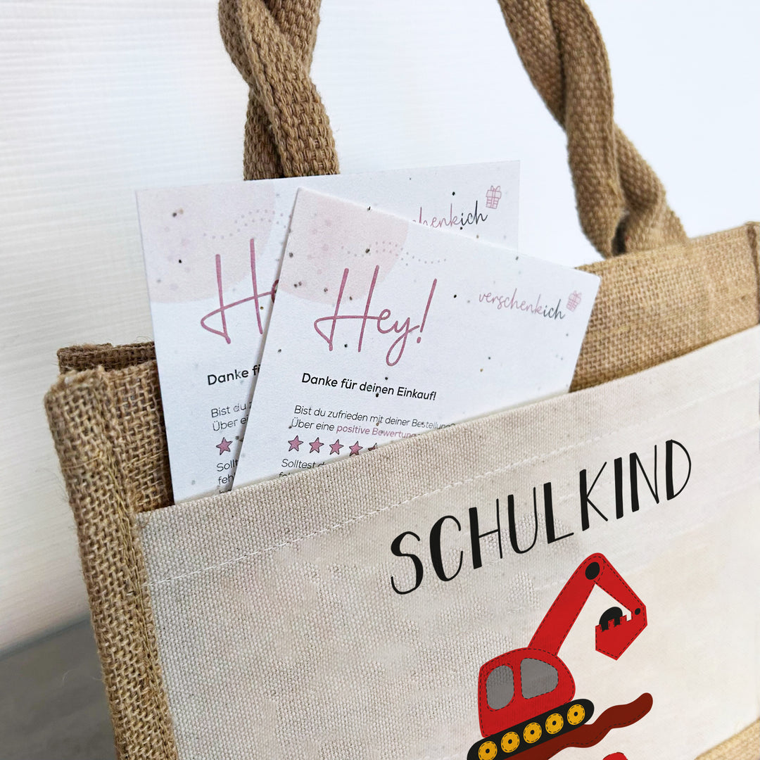 Einschulung | Personalisierte Jute Pocket Tasche | mit Wunschnamen | Schulkind Bagger rot | als Geschenktasche für Schulanfang