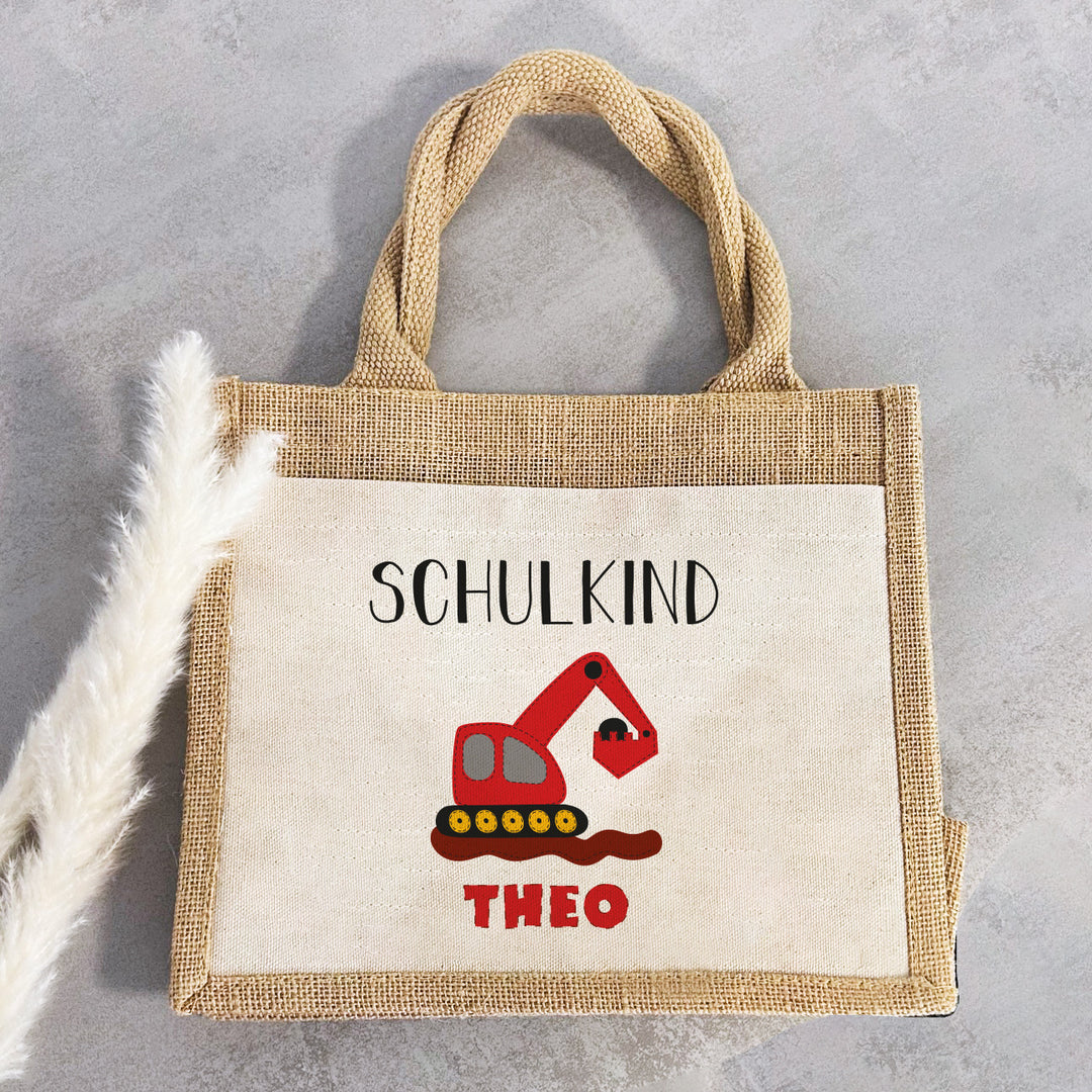 Einschulung | Personalisierte Jute Pocket Tasche | mit Wunschnamen | Schulkind Bagger rot | als Geschenktasche für Schulanfang