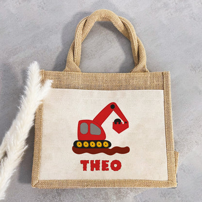 Personalisierte Jute Pocket Tasche | mit Wunschnamen | Bagger rot | Fahrzeuge | persönliches Geschenk für Kinder | auch als Geschenktasche