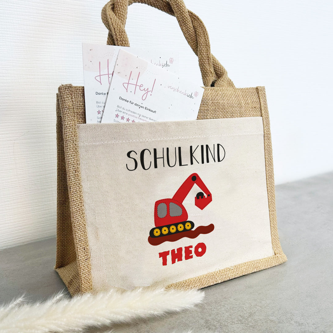 Einschulung | Personalisierte Jute Pocket Tasche | mit Wunschnamen | Schulkind Bagger rot | als Geschenktasche für Schulanfang