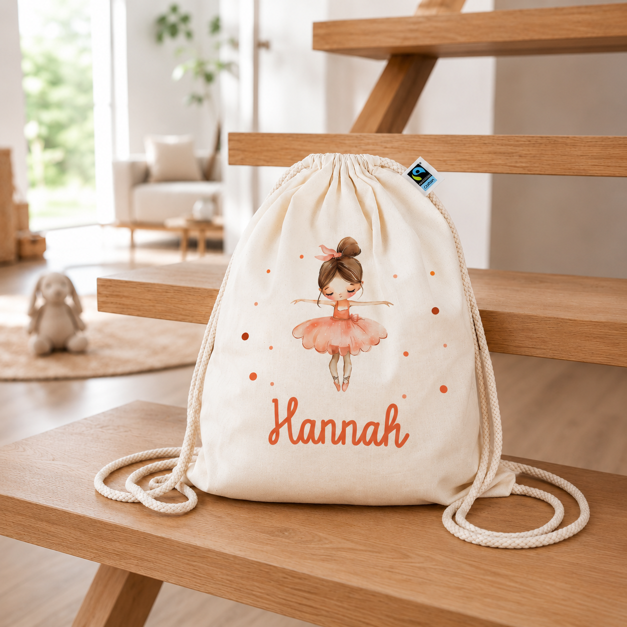 Turnbeutel aus Bio- Baumwolle mit Name | Ballerina rosa - apricot