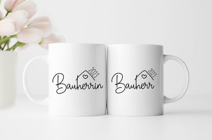 Personalisiertes Tassen Set | für den Hausbau mit Jahreszahl | Bauherr + Bauherrin 1 | Hingucker auf der Baustelle | Geschenk zum Richtfest