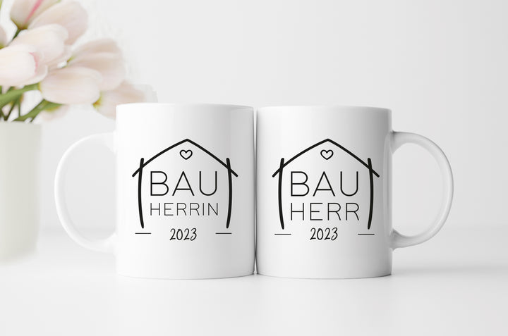 Personalisiertes Tassen Set | für den Hausbau mit Jahreszahl | Bauherr + Bauherrin 2 | Hingucker auf der Baustelle | Geschenk zum Richtfest