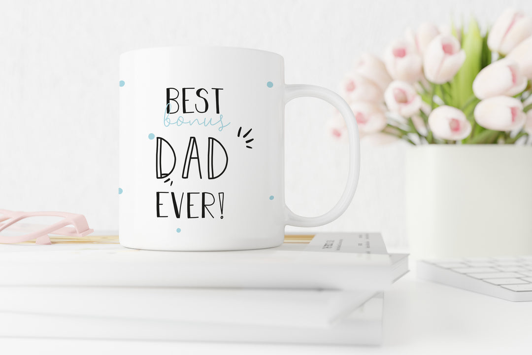 Best Bonus Dad Ever ! | schwarz | blau | weiße Kaffeetasse | für Schwiegervater oder Stiefvater