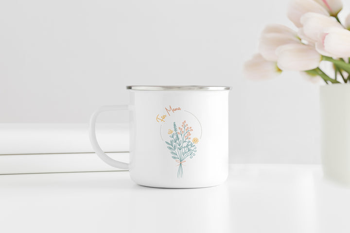 Personalisierter Emaillebecher | Emaille Tasse | Rand silber | mit Wunschnamen | Frühling | Blumenstrauß | beim Kaffee an Blumen erfreuen