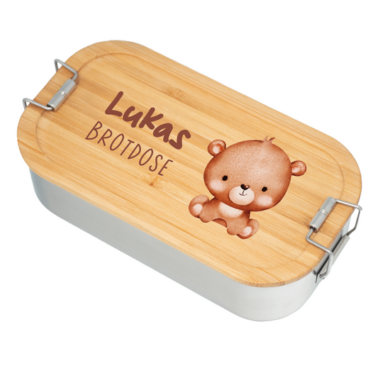 Brotdose | Edelstahl mit Bambusdeckel | 700 ml | Tierkinder Bär