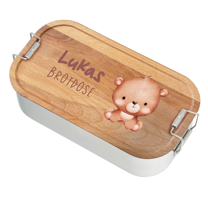 Brotdose | Edelstahl mit Bambus- oder Buchedeckel | 700 ml | Tierkinder Bär