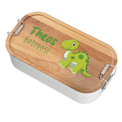 Brotdose | Edelstahl mit Bambus- oder Buchedeckel | 700 ml | Dino Brachiosaurus