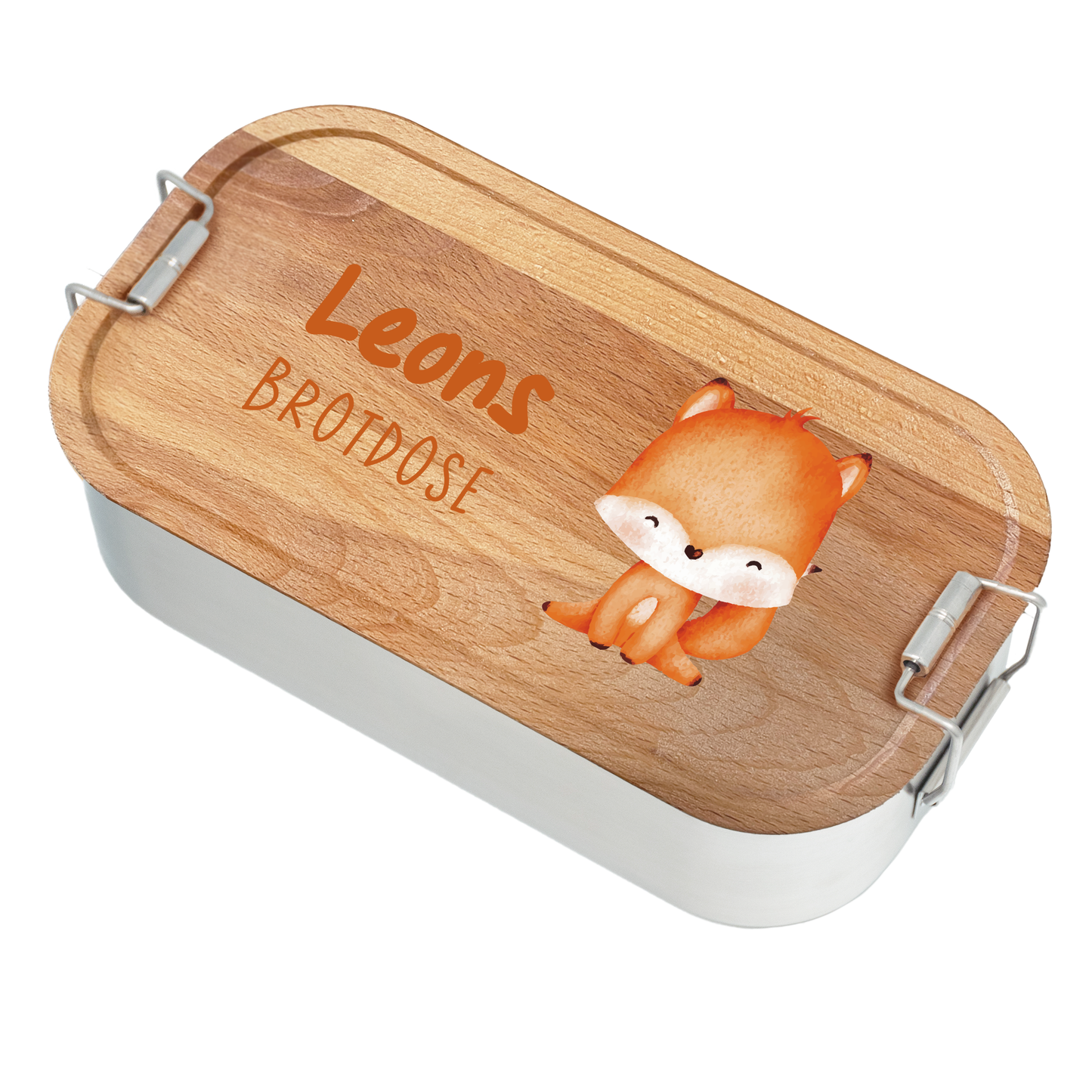 Brotdose | Edelstahl mit Bambus- oder Buchedeckel | 700 ml | Tierkinder Fuchs