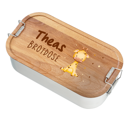 Brotdose | Edelstahl mit Bambus- oder Buchedeckel | 700 ml | Tierkinder Giraffe