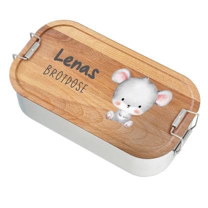 Brotdose | Edelstahl mit Bambus- oder Buchedeckel | 700 ml | Tierkinder Maus