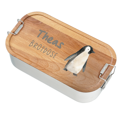Brotdose | Edelstahl mit Bambus- oder Buchedeckel | 700 ml | Tierparty Pinguin