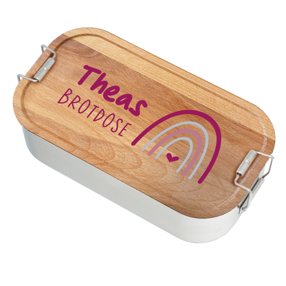 Brotdose | Edelstahl mit Bambus- oder Buchedeckel | 700 ml | Regenbogen Lila Herz