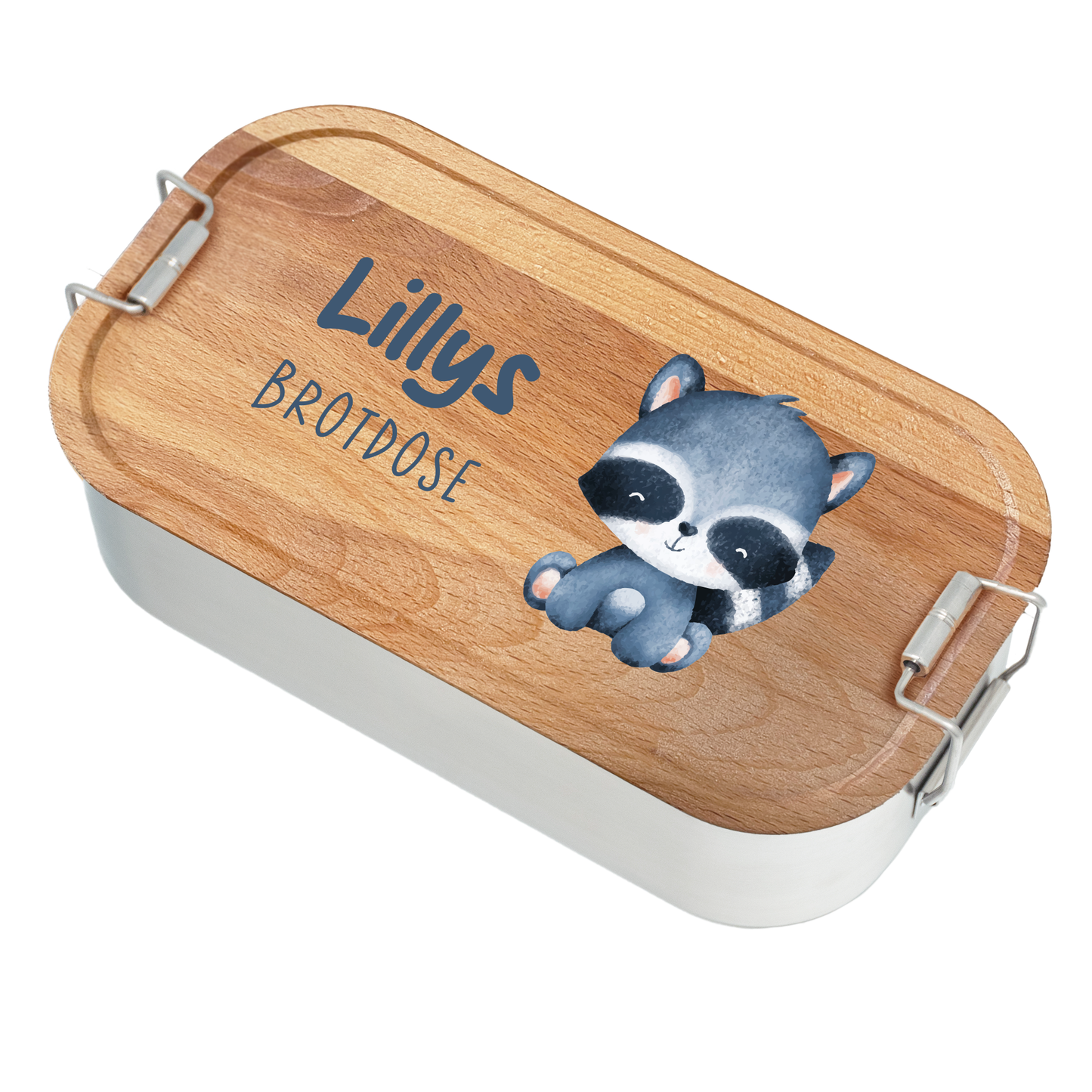 Brotdose | Edelstahl mit Bambus- oder Buchedeckel | 700 ml | Tierkinder Waschbär