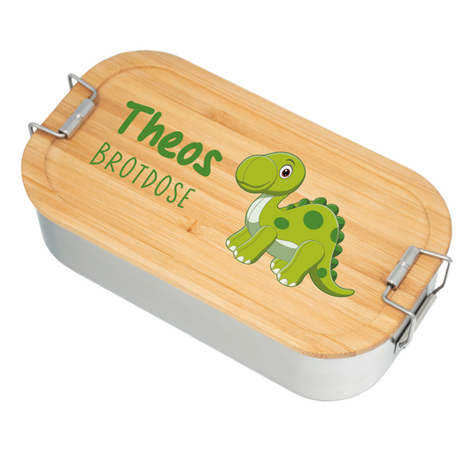 Brotdose | Edelstahl mit Bambusdeckel | 700 ml | Dino Brachiosaurus