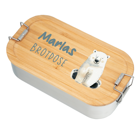 Brotdose | Edelstahl mit Bambusdeckel | 700 ml | Tierparty Eisbär