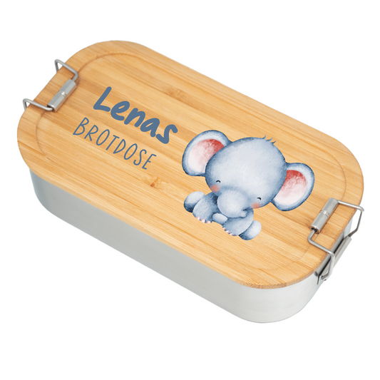 Brotdose | Edelstahl mit Bambusdeckel | 700 ml | Tierkinder Elefant