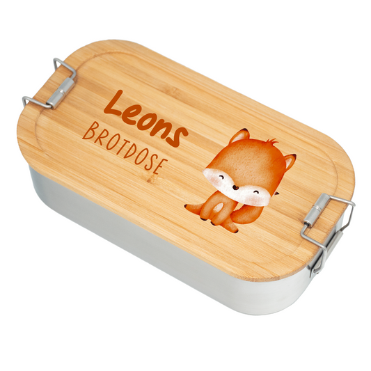 Brotdose | Edelstahl mit Bambusdeckel | 700 ml | Tierkinder Fuchs