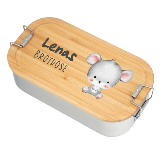Brotdose | Edelstahl mit Bambusdeckel | 700 ml | Tierkinder Maus
