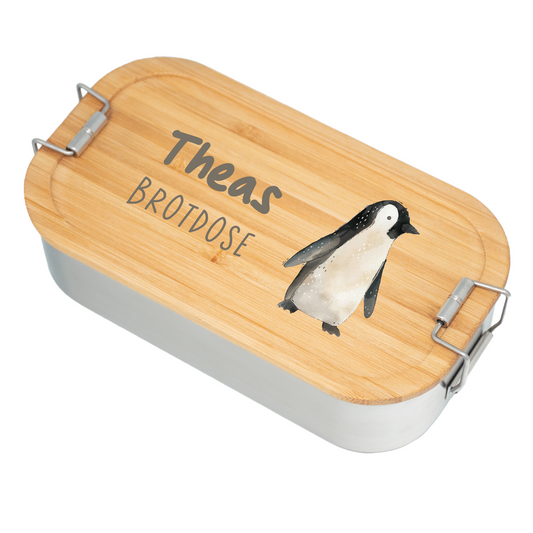 Brotdose | Edelstahl mit Bambusdeckel | 700 ml | Tierparty Pinguin