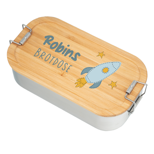 Brotdose | Edelstahl mit Bambusdeckel | 700 ml | Rakete