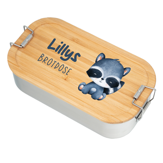 Brotdose | Edelstahl mit Bambusdeckel | 700 ml | Tierkinder Waschbär