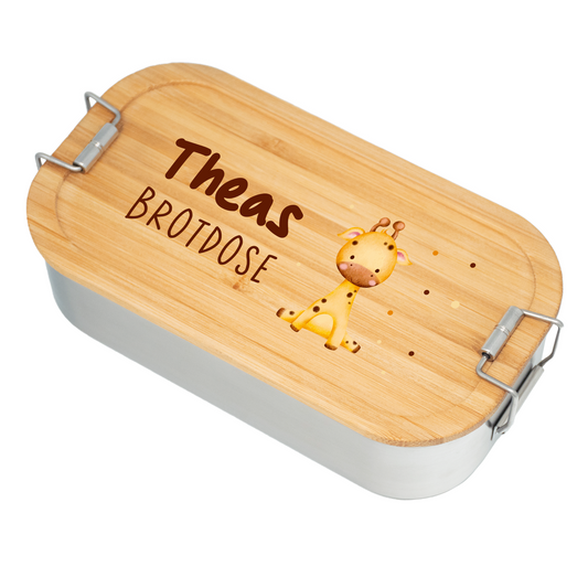 Brotdose | Edelstahl mit Bambusdeckel | 700 ml | Tierkinder Giraffe