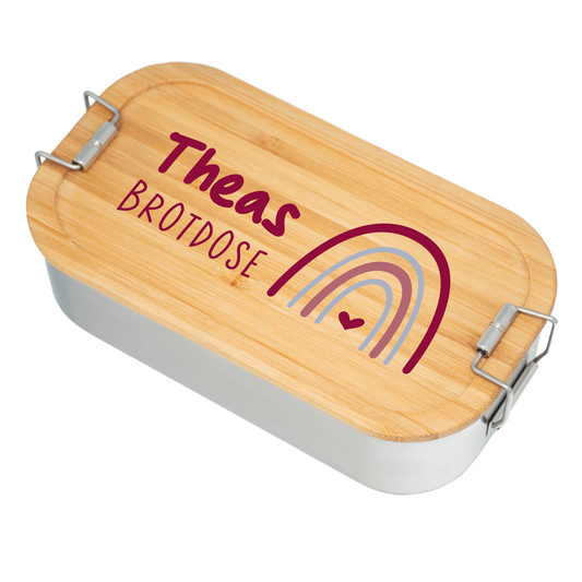 Brotdose | Edelstahl mit Bambusdeckel | 700 ml | Regenbogen Lila Herz