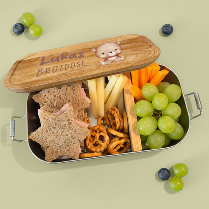 Brotdose | Edelstahl mit Bambus- oder Buchedeckel | 700 ml | Tierkinder Bär