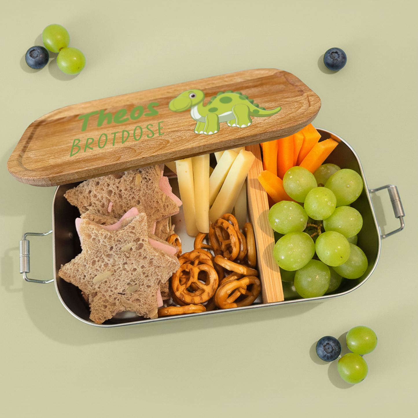 Brotdose | Edelstahl mit Bambus- oder Buchedeckel | 700 ml | Dino Brachiosaurus