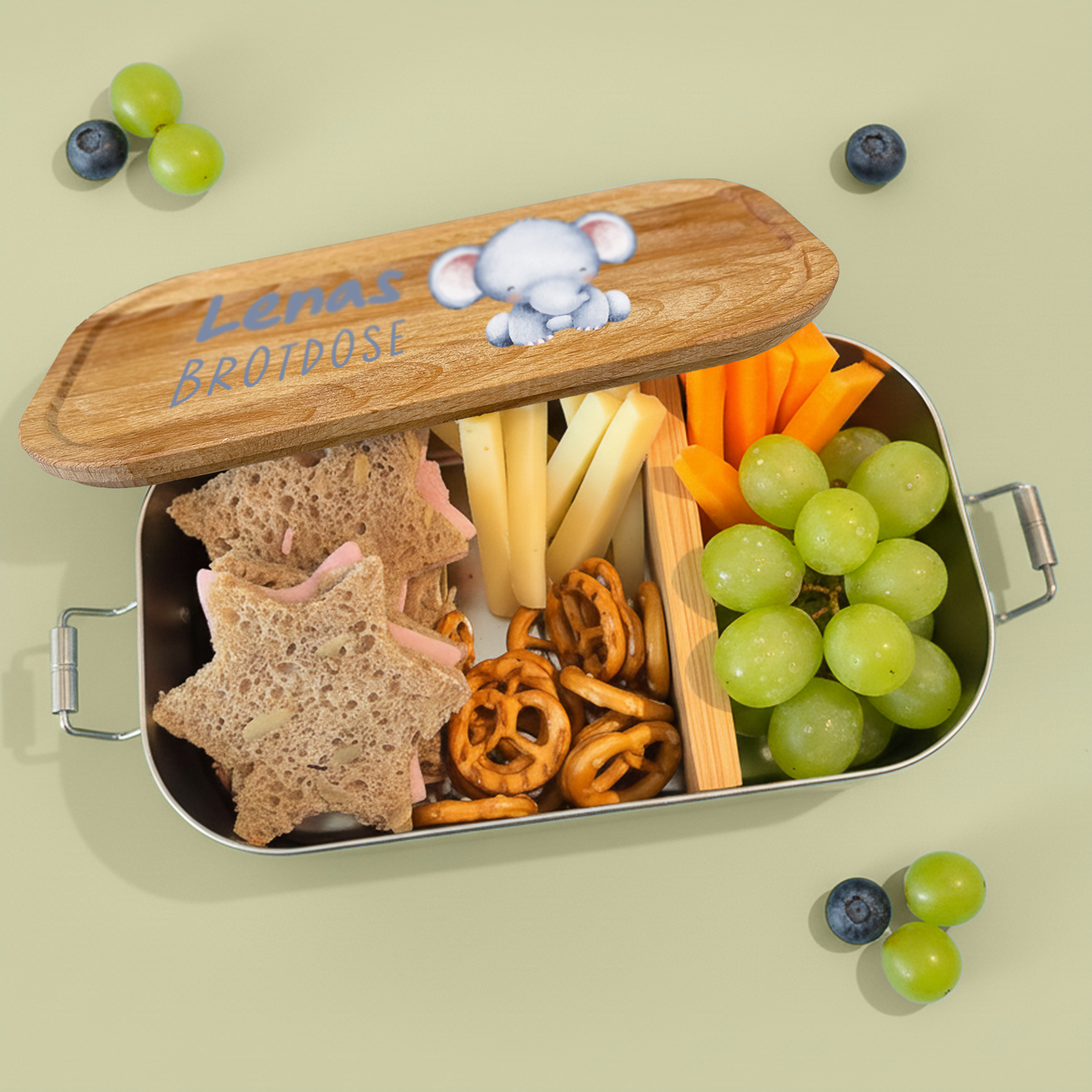 Brotdose | Edelstahl mit Bambus- oder Buchedeckel | 700 ml | Tierkinder Elefant