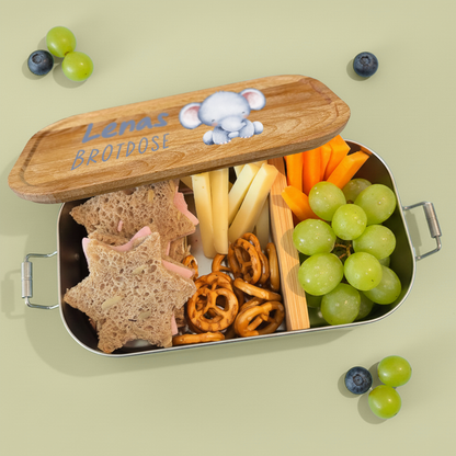 Brotdose | Edelstahl mit Bambus- oder Buchedeckel | 700 ml | Tierkinder Elefant