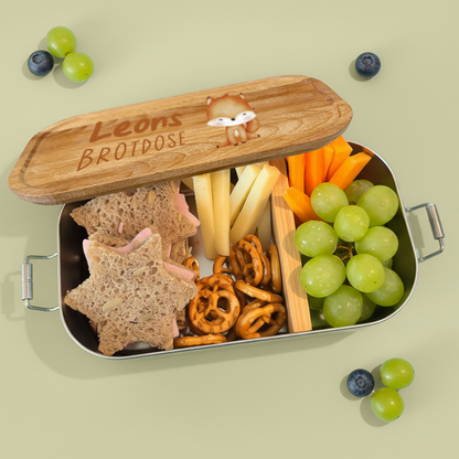 Brotdose | Edelstahl mit Bambus- oder Buchedeckel | 700 ml | Tierkinder Fuchs