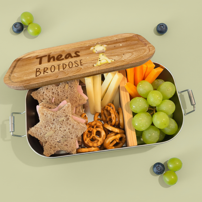 Brotdose | Edelstahl mit Bambus- oder Buchedeckel | 700 ml | Tierkinder Giraffe