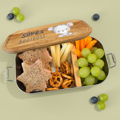 Brotdose | Edelstahl mit Bambus- oder Buchedeckel | 700 ml | Tierkinder Maus
