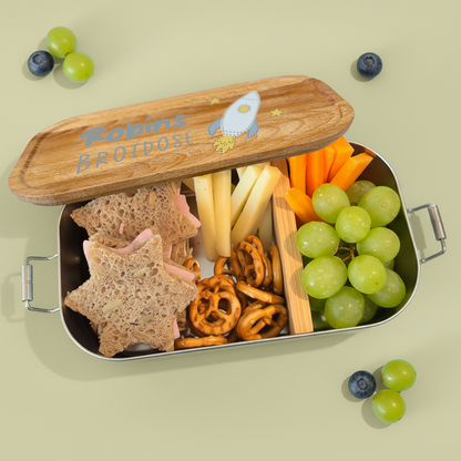 Brotdose | Edelstahl mit Bambus- oder Buchedeckel | 700 ml | Rakete