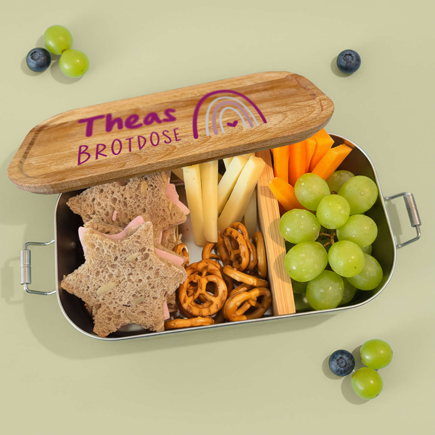 Brotdose | Edelstahl mit Bambus- oder Buchedeckel | 700 ml | Regenbogen Lila Herz