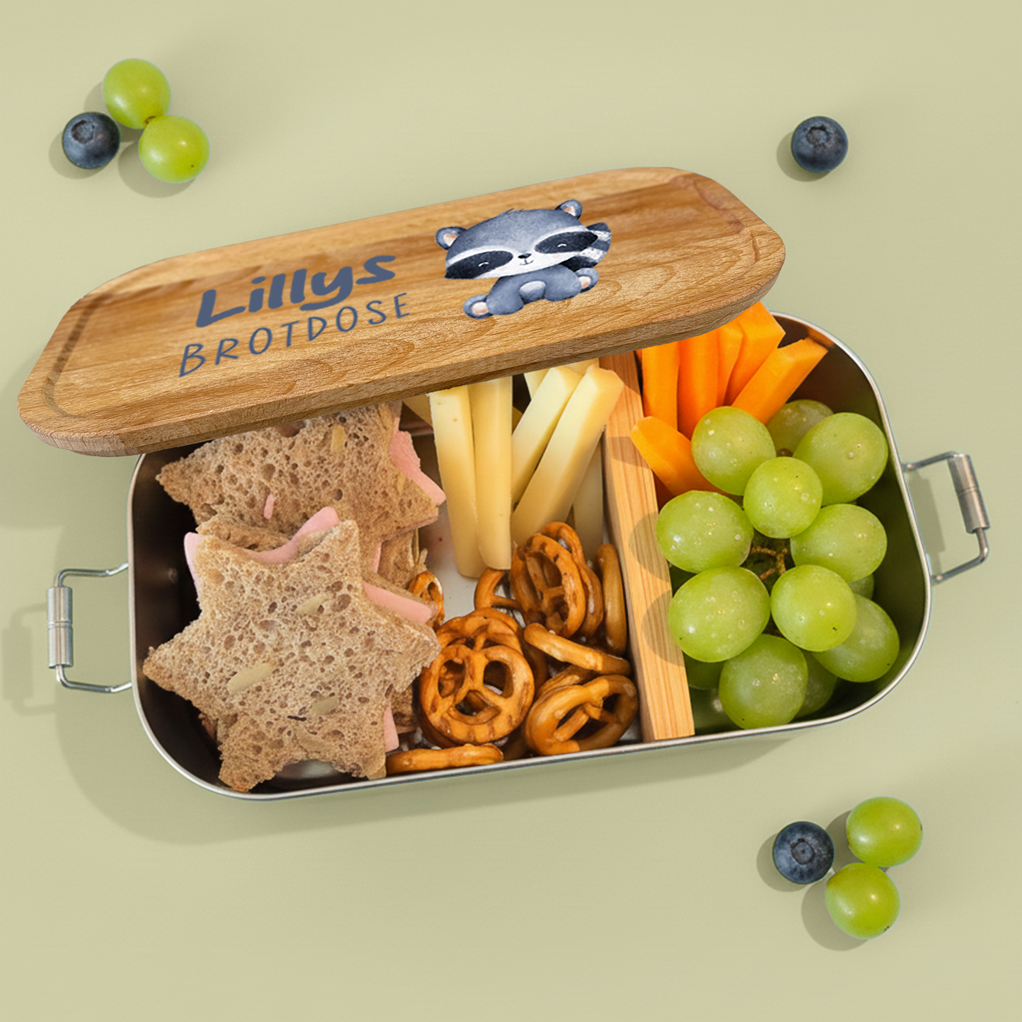 Brotdose | Edelstahl mit Bambus- oder Buchedeckel | 700 ml | Tierkinder Waschbär