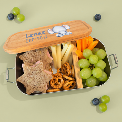 Brotdose | Edelstahl mit Bambusdeckel | 700 ml | Tierkinder Elefant