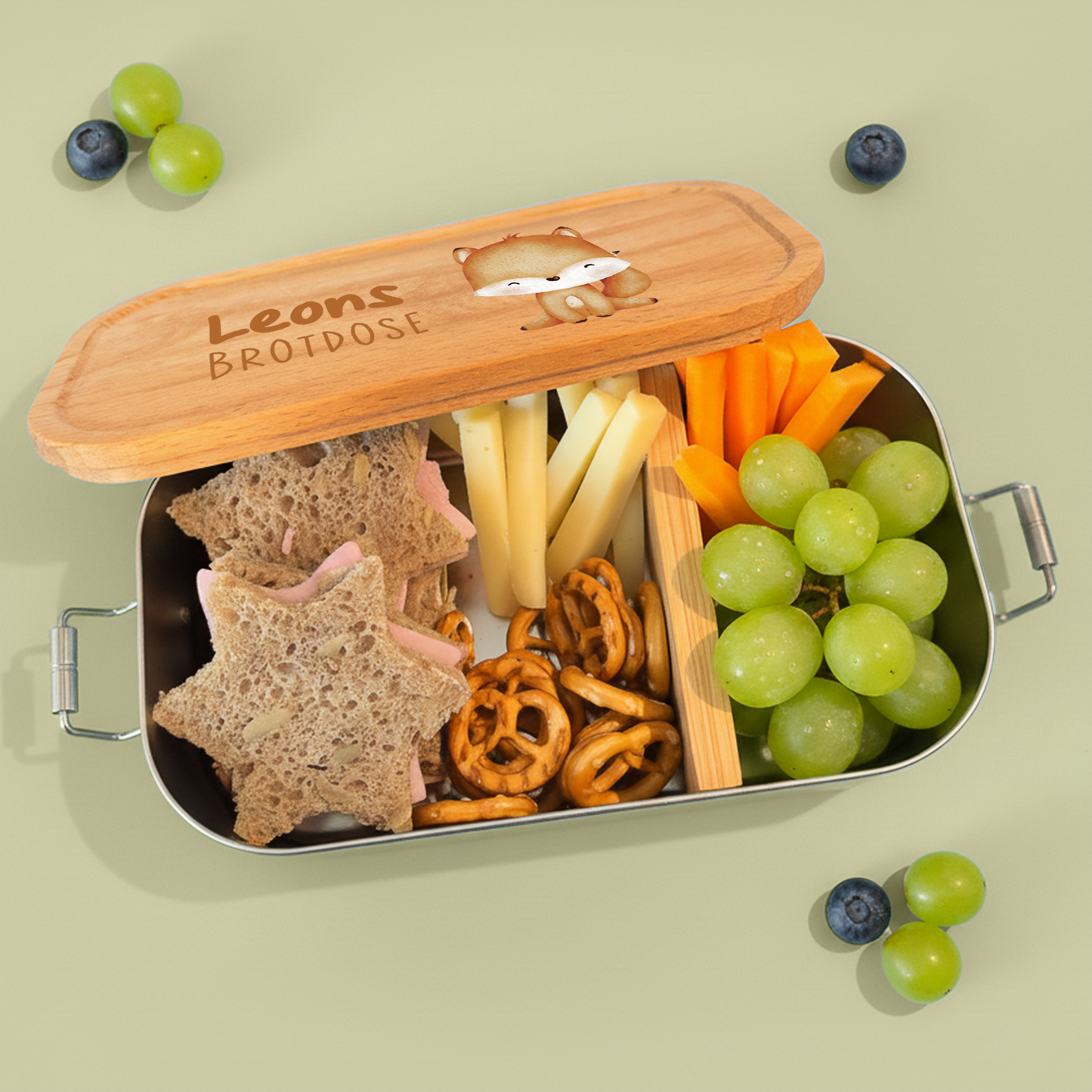 Brotdose | Edelstahl mit Bambusdeckel | 700 ml | Tierkinder Fuchs