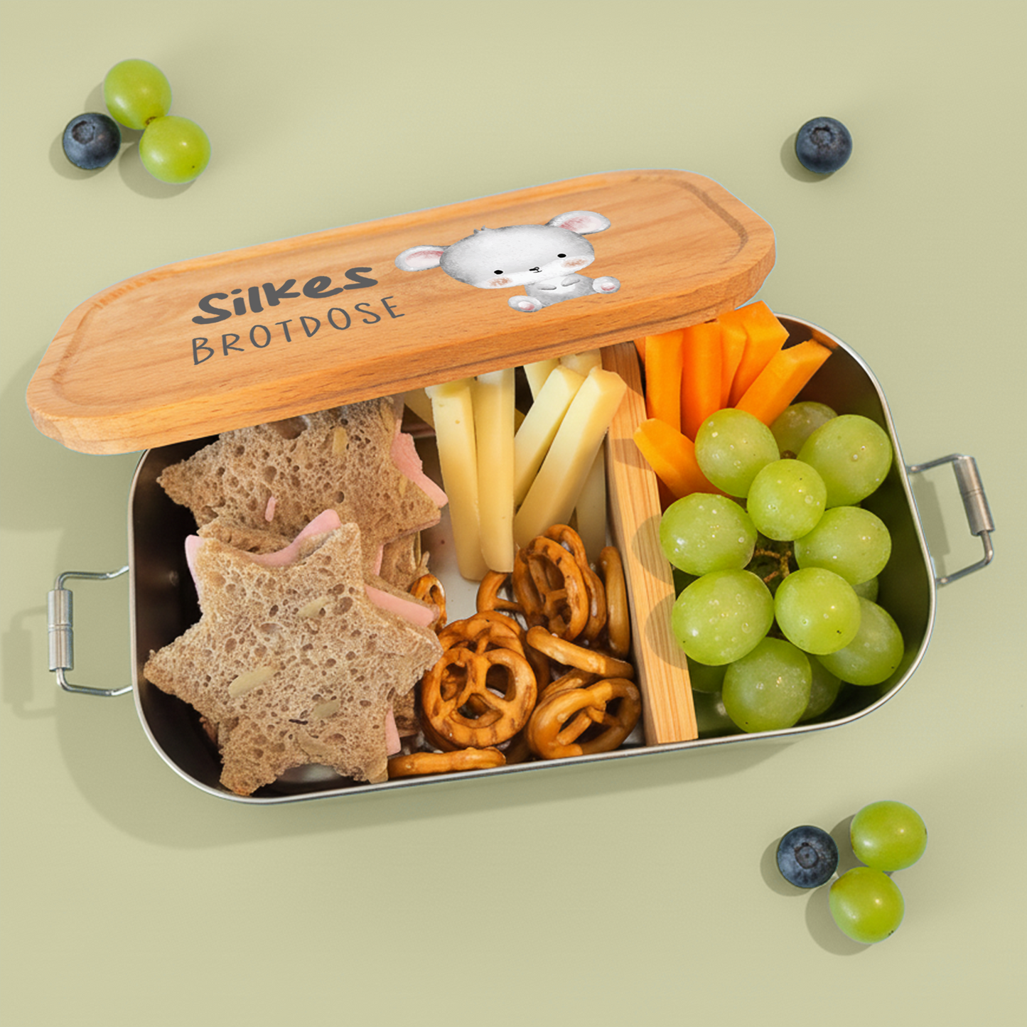 Brotdose | Edelstahl mit Bambusdeckel | 700 ml | Tierkinder Maus
