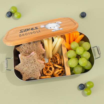 Brotdose | Edelstahl mit Bambusdeckel | 700 ml | Tierkinder Maus