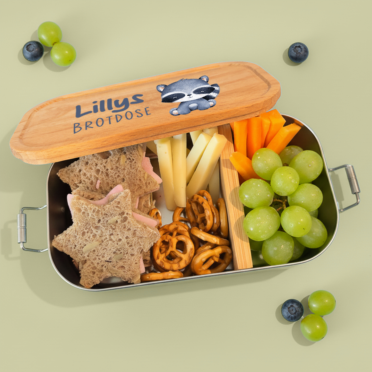 Brotdose | Edelstahl mit Bambusdeckel | 700 ml | Tierkinder Waschbär