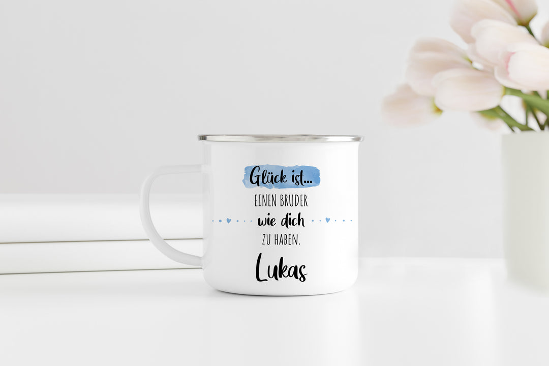 Bruder | Emaille Kaffeebecher personalisiert | Glück ist einen wie dich zu haben | Tasse mit Name | Geschenk | Rand silber oder schwarz