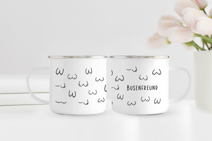 Emaillebecher | Emaille Tasse mit silbernen Rand | Busenfreund 1.0 | Geschenk als Aufmerksamkeit für Männer | Hingucker mit Humor