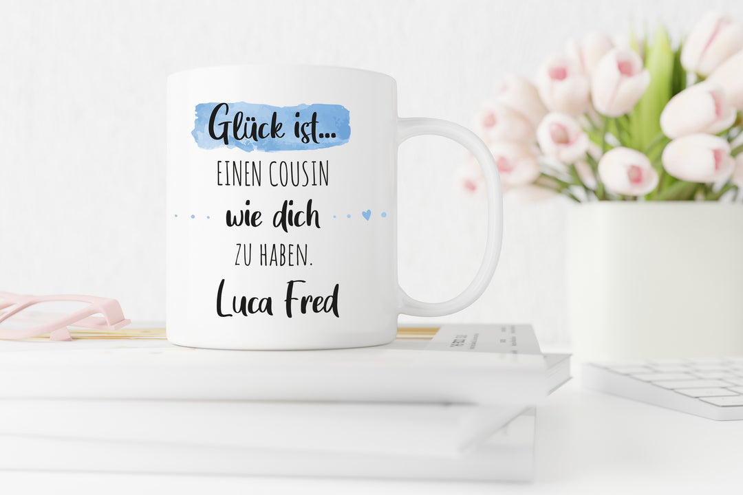 Glück ist einen Cousin wie dich zu haben | Tasse mit Wunschnamen personalisiert