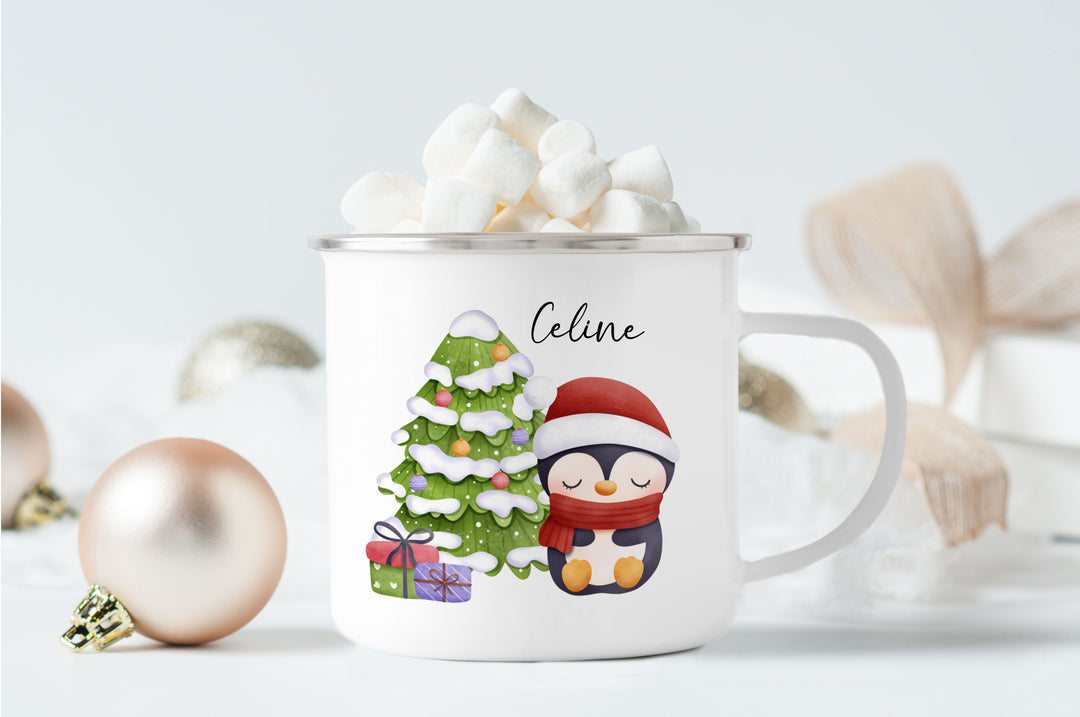 Personalisierter Emaillebecher | Emaille Tasse | Rand silber oder schwarz | mit Wunschnamen | Cute Pinguin | Geschenk für Weihnachten